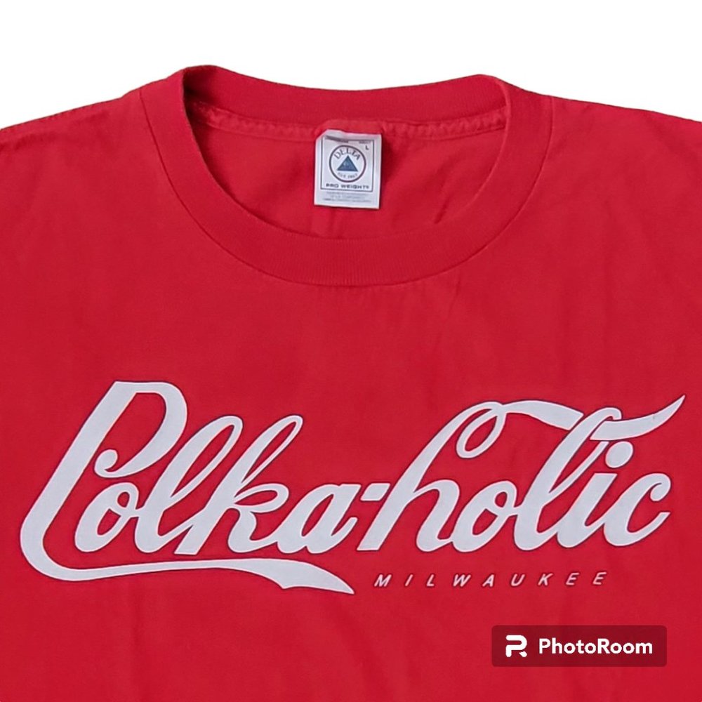 Vintage Polka-holic Graphic Novelty Tee Vibrant Red Size Large NEW
